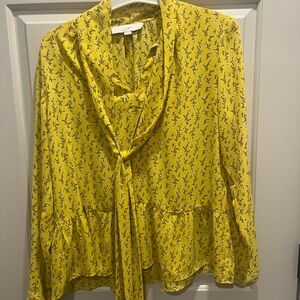 LOFT Yellow Patterned Blouse with Tie Neck